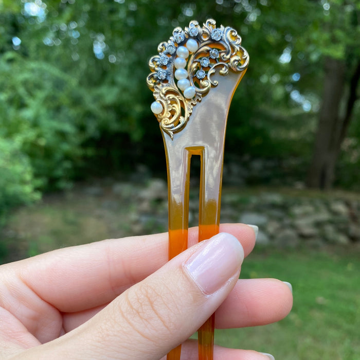 Art Nouveau Diamond, Pearl, and Silver Gilt Hair Comb