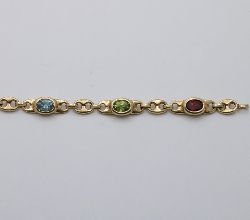Vintage Multicolor Gemstone and 14K Gold Mariner Link Bracelet