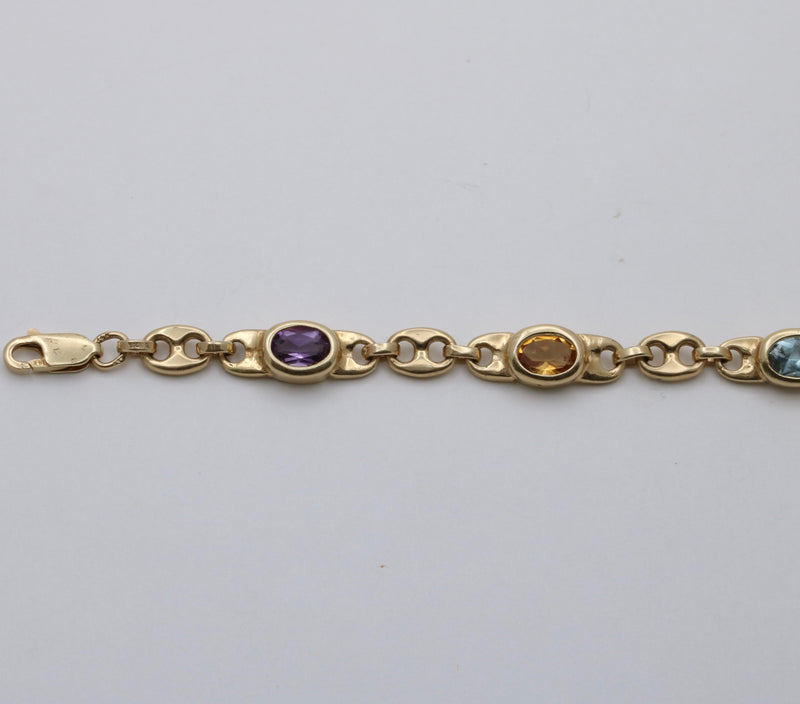 Vintage Multicolor Gemstone and 14K Gold Mariner Link Bracelet