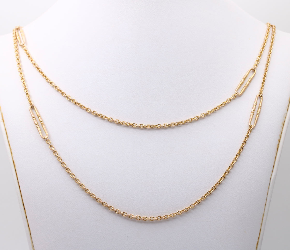 Antique 9K Gold Cable Link Trombone Longuard Chain, 53” Long