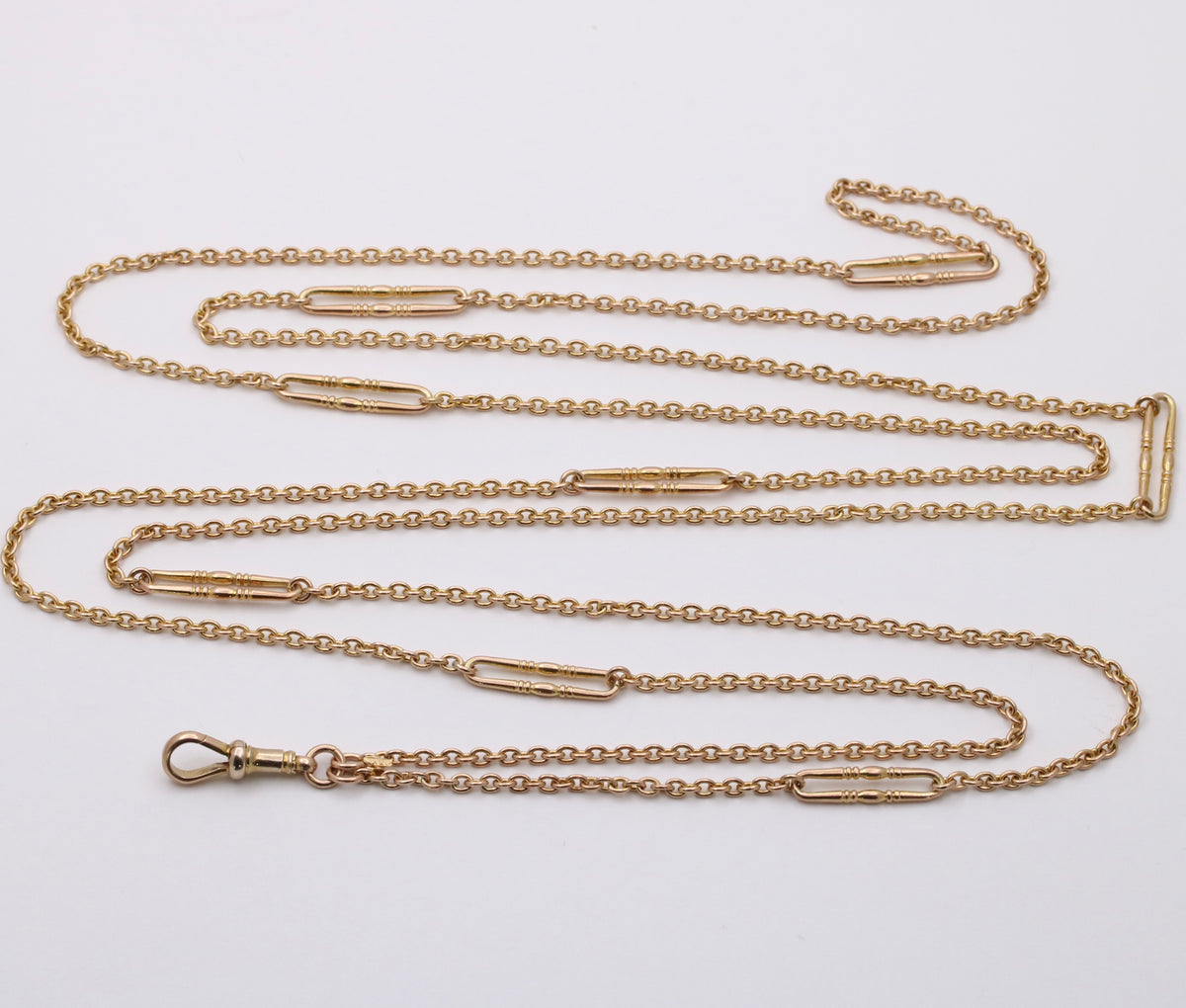 Antique 9K Gold Cable Link Trombone Longuard Chain, 53” Long