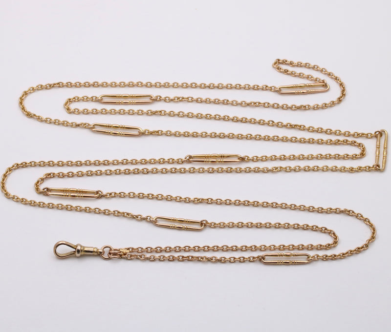 Antique 9K Gold Cable Link Trombone Longuard Chain, 53” Long