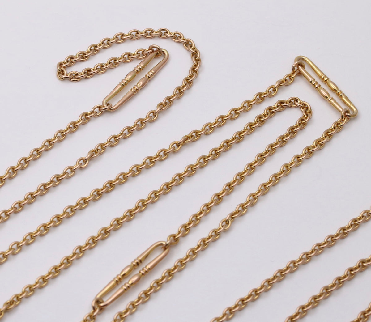 Antique 9K Gold Cable Link Trombone Longuard Chain, 53” Long