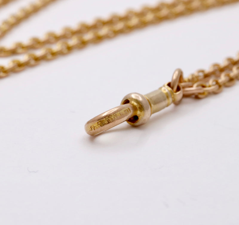 Antique 9K Gold Cable Link Trombone Longuard Chain, 53” Long