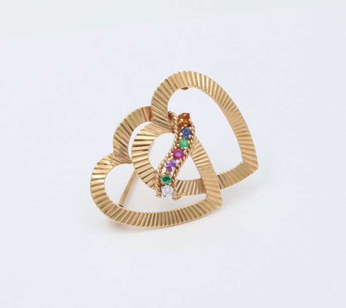 Vintage 14K Gold Acrostic DEAREST Double Heart Pin
