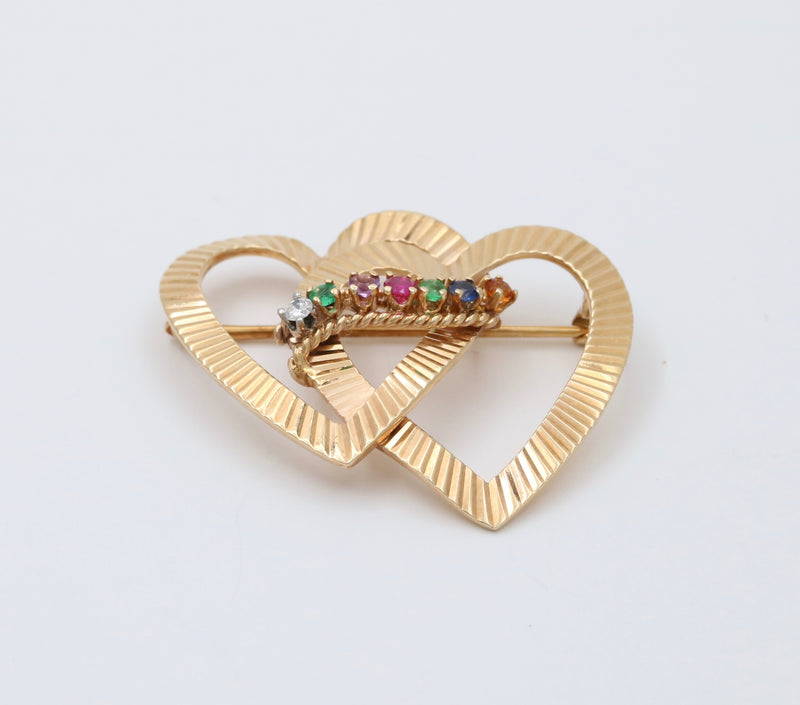 Vintage 14K Gold Acrostic DEAREST Double Heart Pin