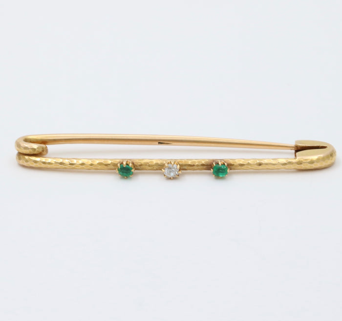 Vintage 18K Gold, Diamond and Emerald Safety Pin, Chain Extender, Charm Enhancer