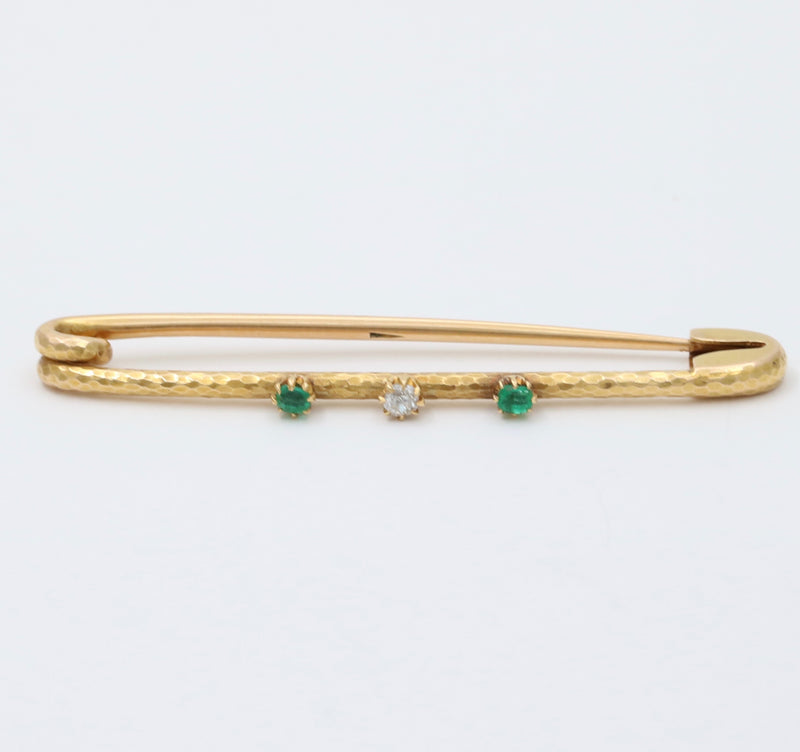 Vintage 18K Gold, Diamond and Emerald Safety Pin, Chain Extender, Charm Enhancer