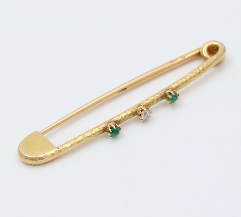 Vintage 18K Gold, Diamond and Emerald Safety Pin, Chain Extender, Charm Enhancer