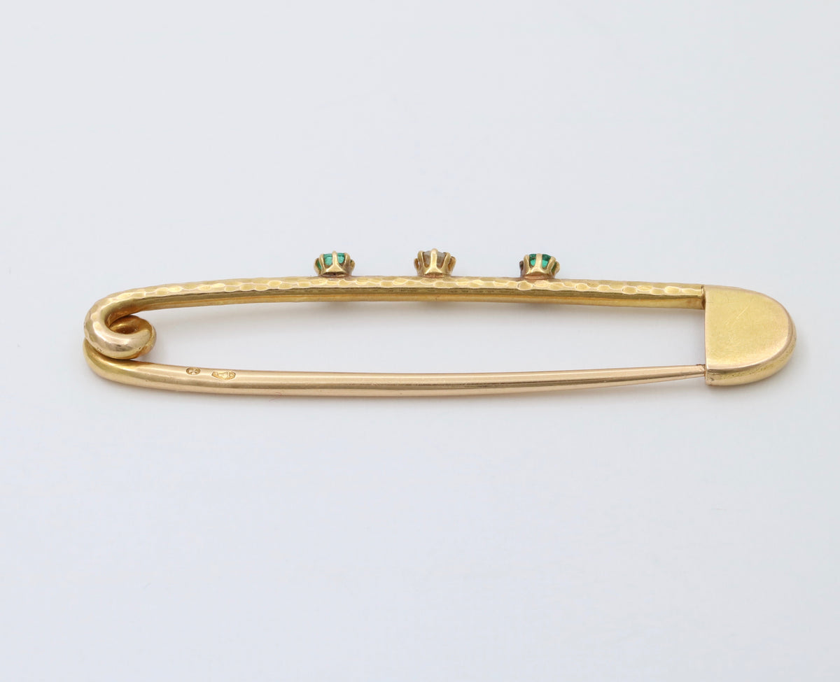 Vintage 18K Gold, Diamond and Emerald Safety Pin, Chain Extender, Charm Enhancer