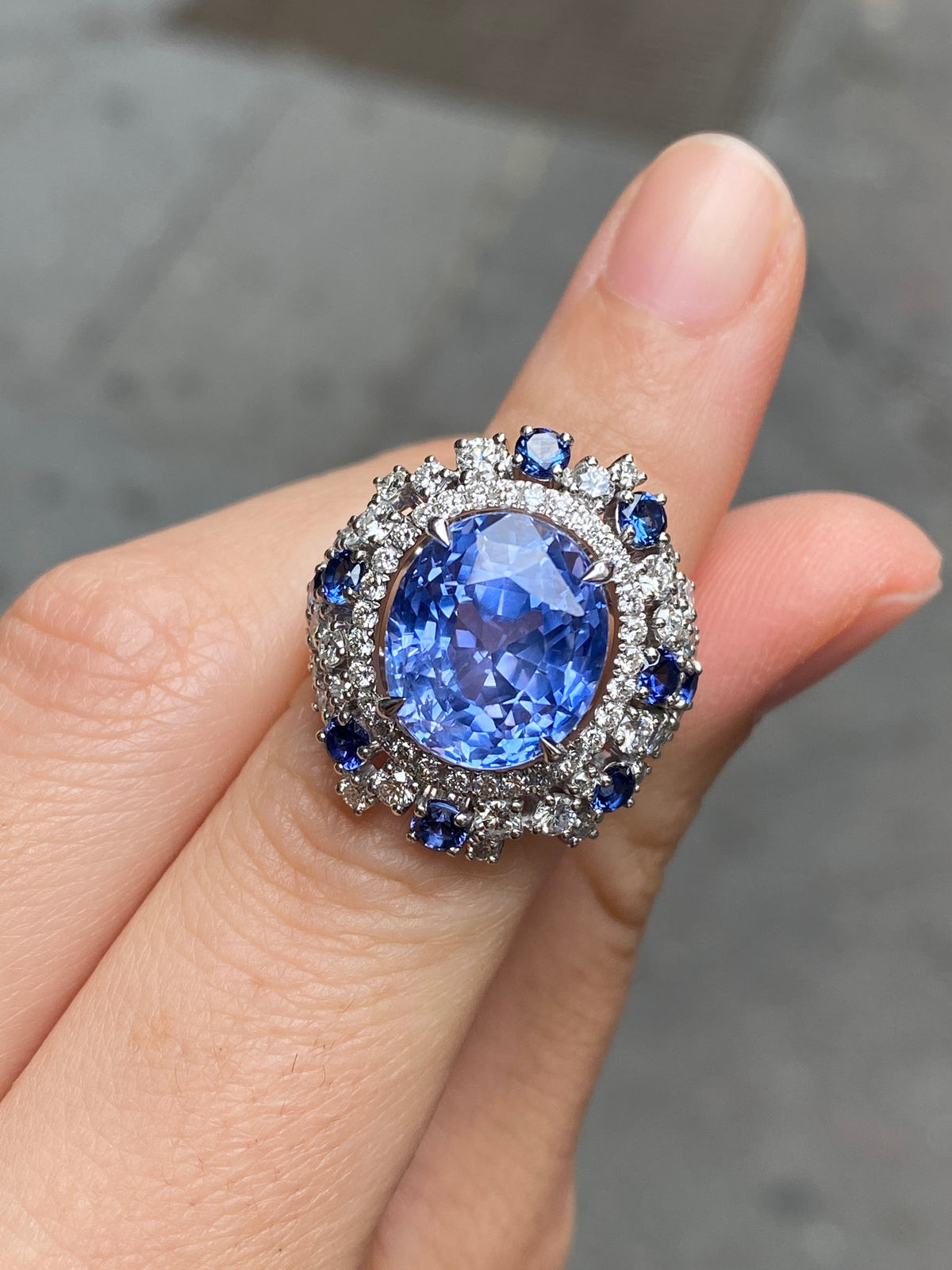 Vintage GIA 12.63 Ct Ceylon Unheated Sapphire and Diamond Cluster Ring