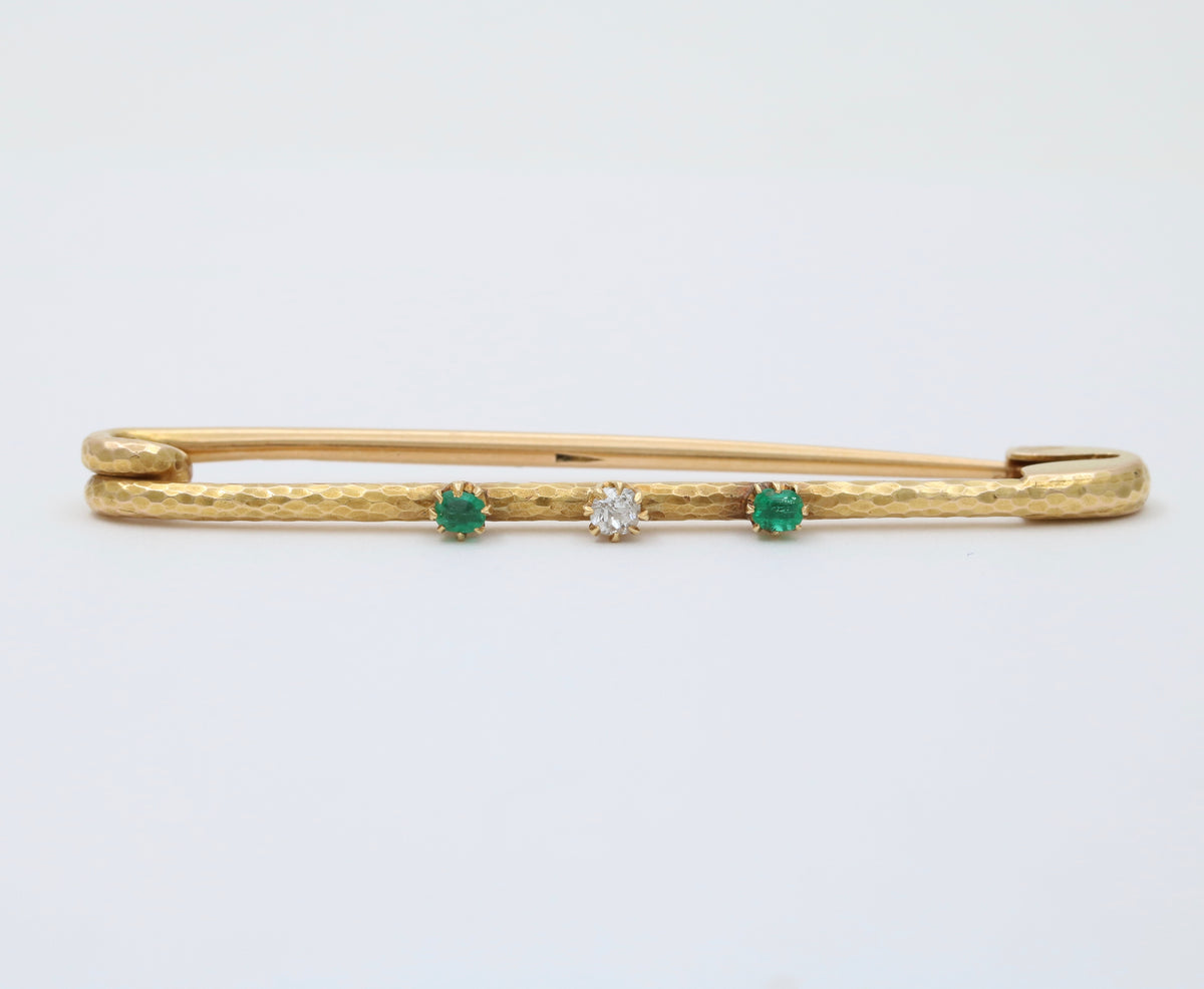 Vintage 18K Gold, Diamond and Emerald Safety Pin, Chain Extender, Charm Enhancer