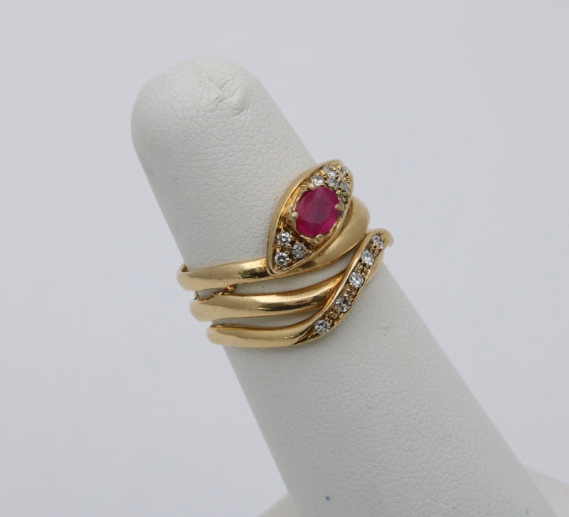 Vintage Ruby, Diamond, and 18K Gold Snake Ring