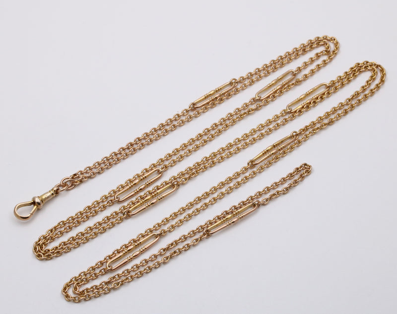 Antique 9K Gold Cable Link Trombone Longuard Chain, 53” Long