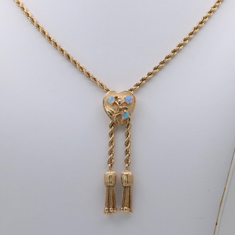Vintage 14K Gold Rope Chain and Tassel Lariat with Opal Heart Slide