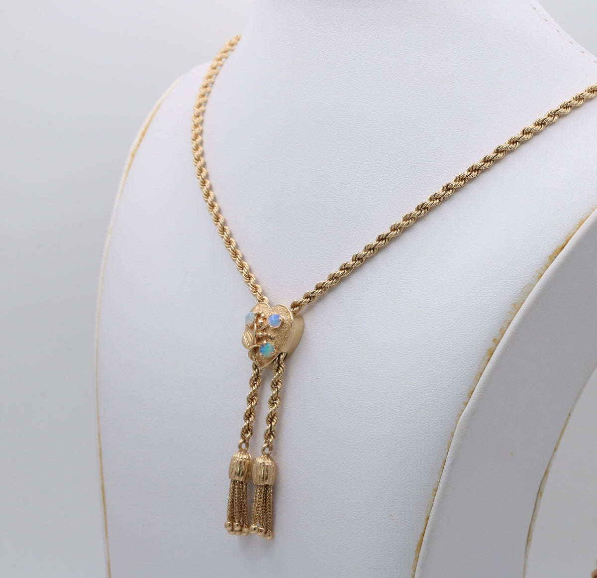 Vintage 14K Gold Rope Chain and Tassel Lariat with Opal Heart Slide