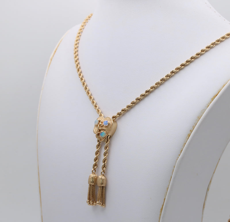 Vintage 14K Gold Rope Chain and Tassel Lariat with Opal Heart Slide