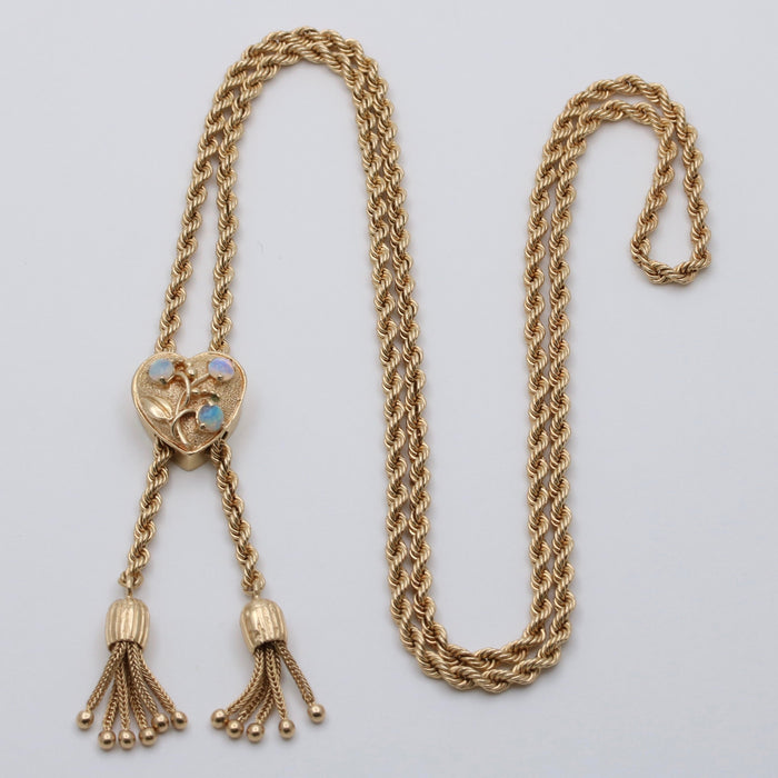 Vintage 14K Gold Rope Chain and Tassel Lariat with Opal Heart Slide