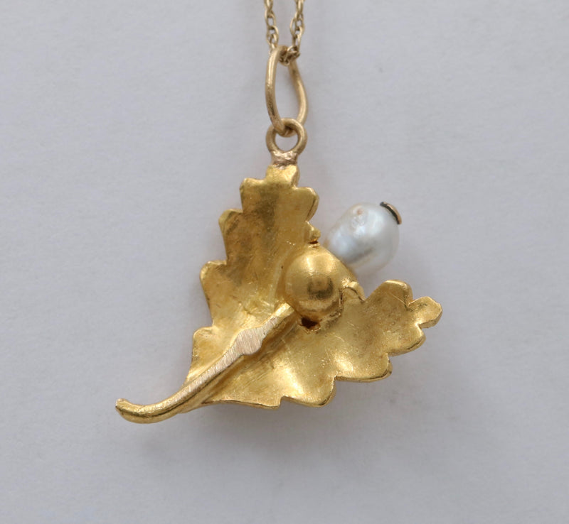 Victorian 14K Gold and Pearl Acorn and Oak Leaf Charm