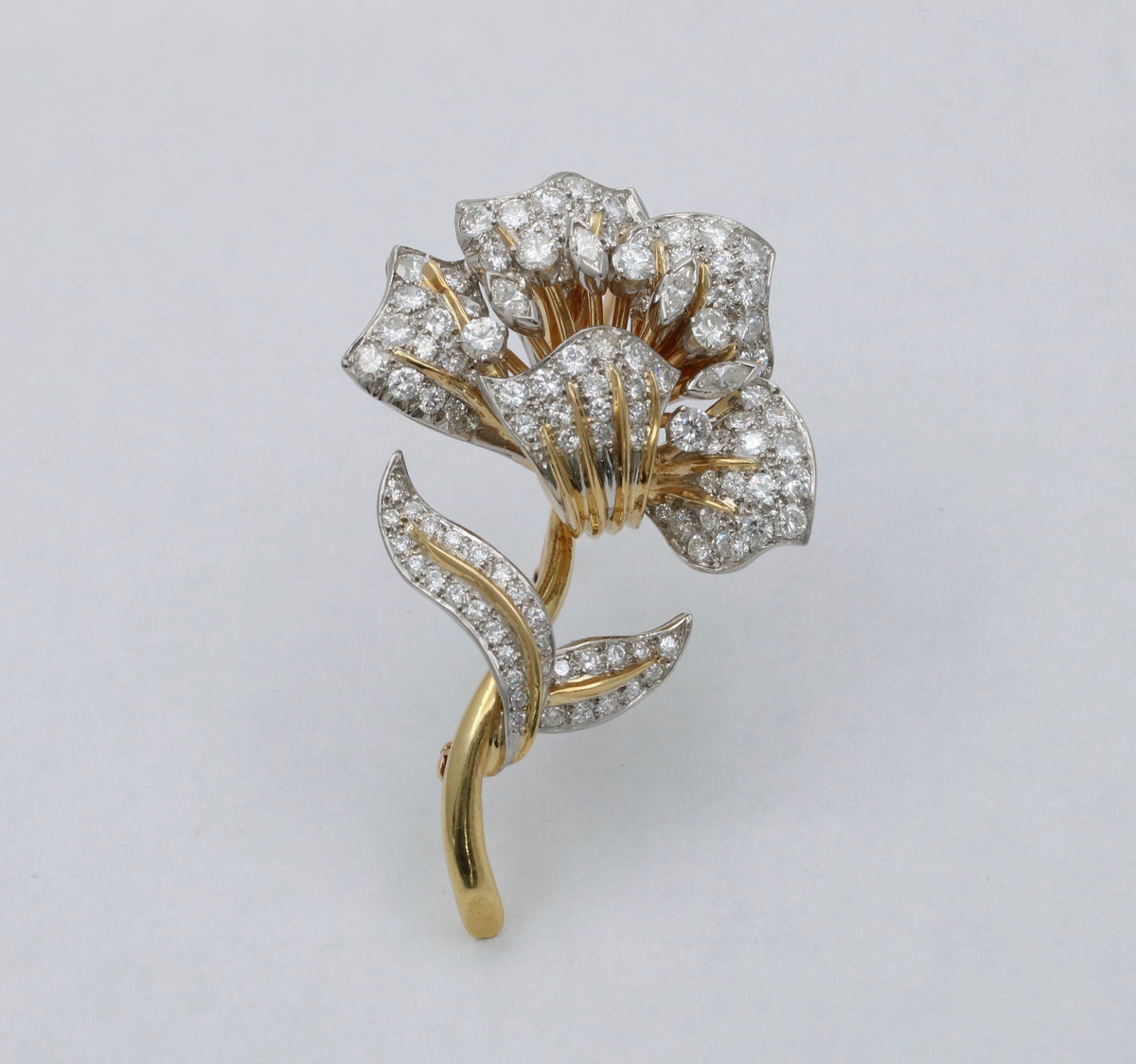 Vintage Platinum and 18K Gold 5.5 Ct Diamond Flower Brooch