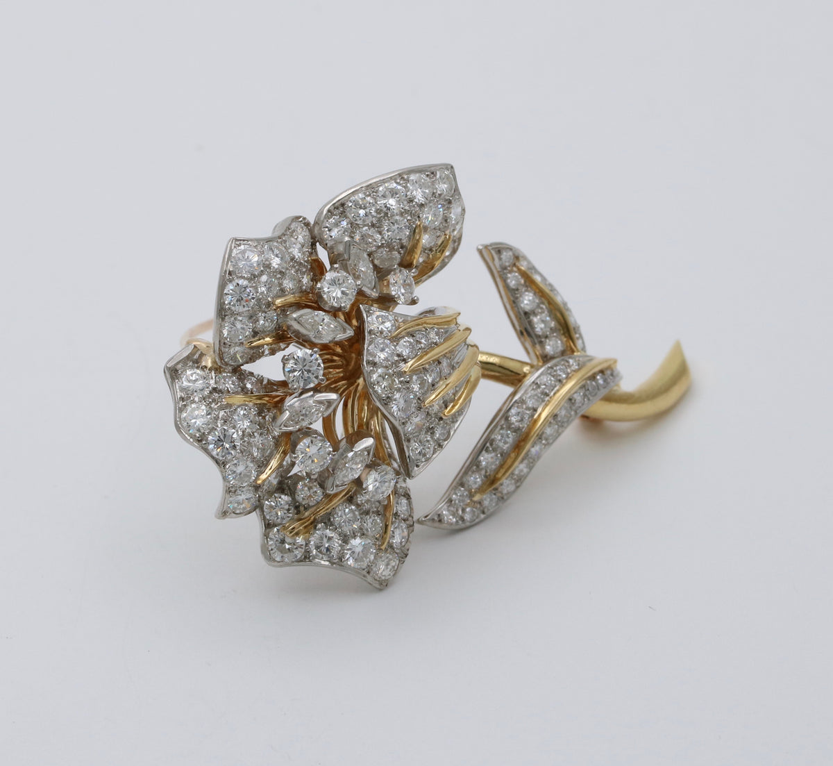 Vintage Platinum and 18K Gold 5.5 Ct Diamond Flower Brooch