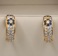 Vintage 18K Gold Diamond and Sapphire Daisy Flower Huggie Earrings