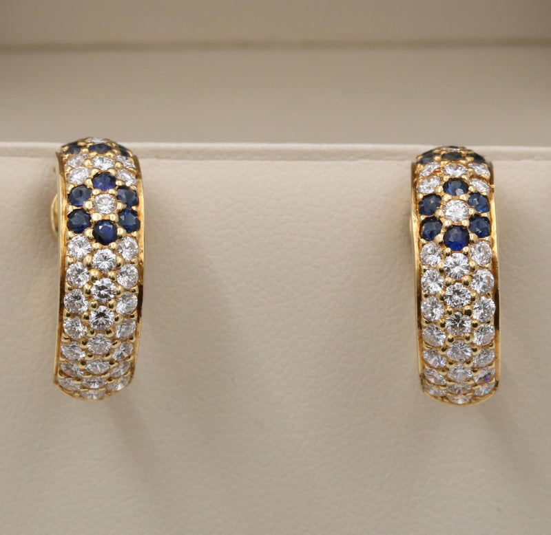 Vintage 18K Gold Diamond and Sapphire Daisy Flower Huggie Earrings