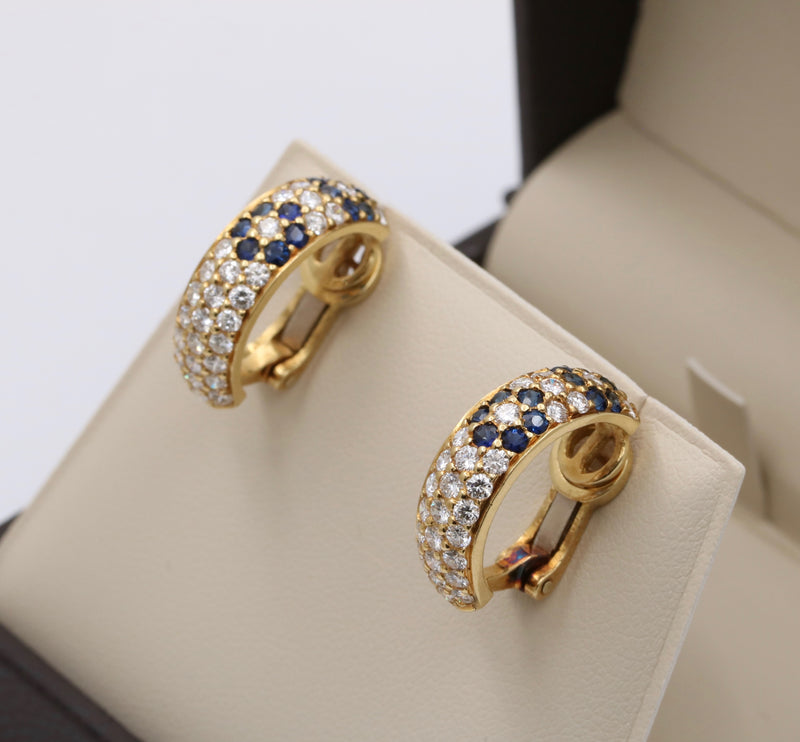 Vintage 18K Gold Diamond and Sapphire Daisy Flower Huggie Earrings