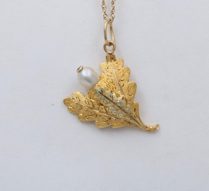 Victorian 14K Gold and Pearl Acorn and Oak Leaf Charm