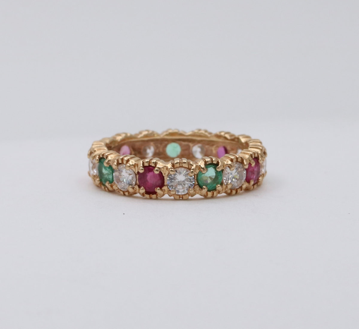 Festive Emerald, Ruby, White Topaz Eternity Band, Size 5.25