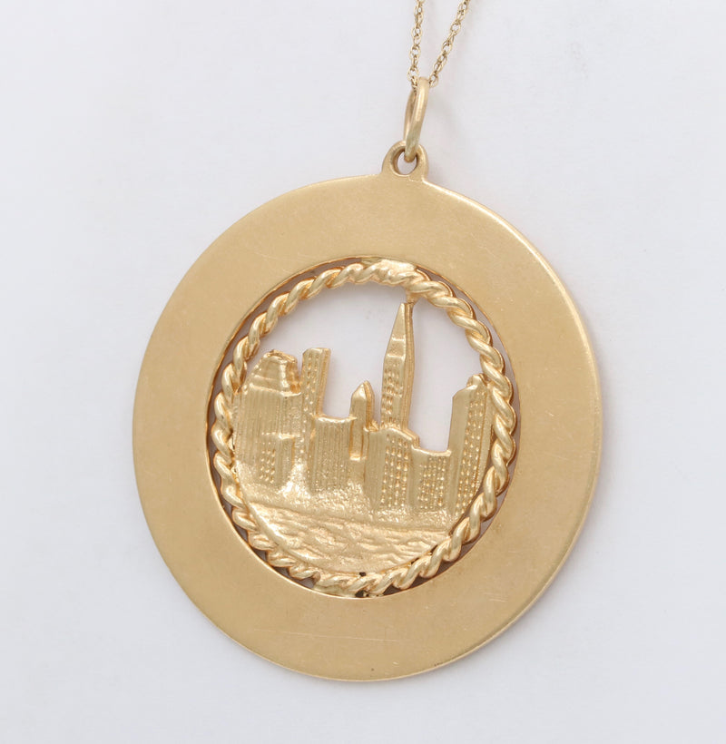 Large Vintage 14K Gold New York City Skyline Disc Charm