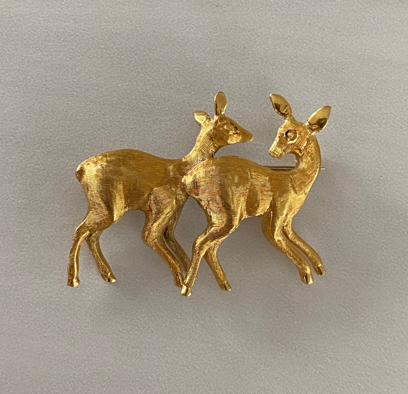 Vintage Italian 18K Gold Pair of Deer Brooch, Pin