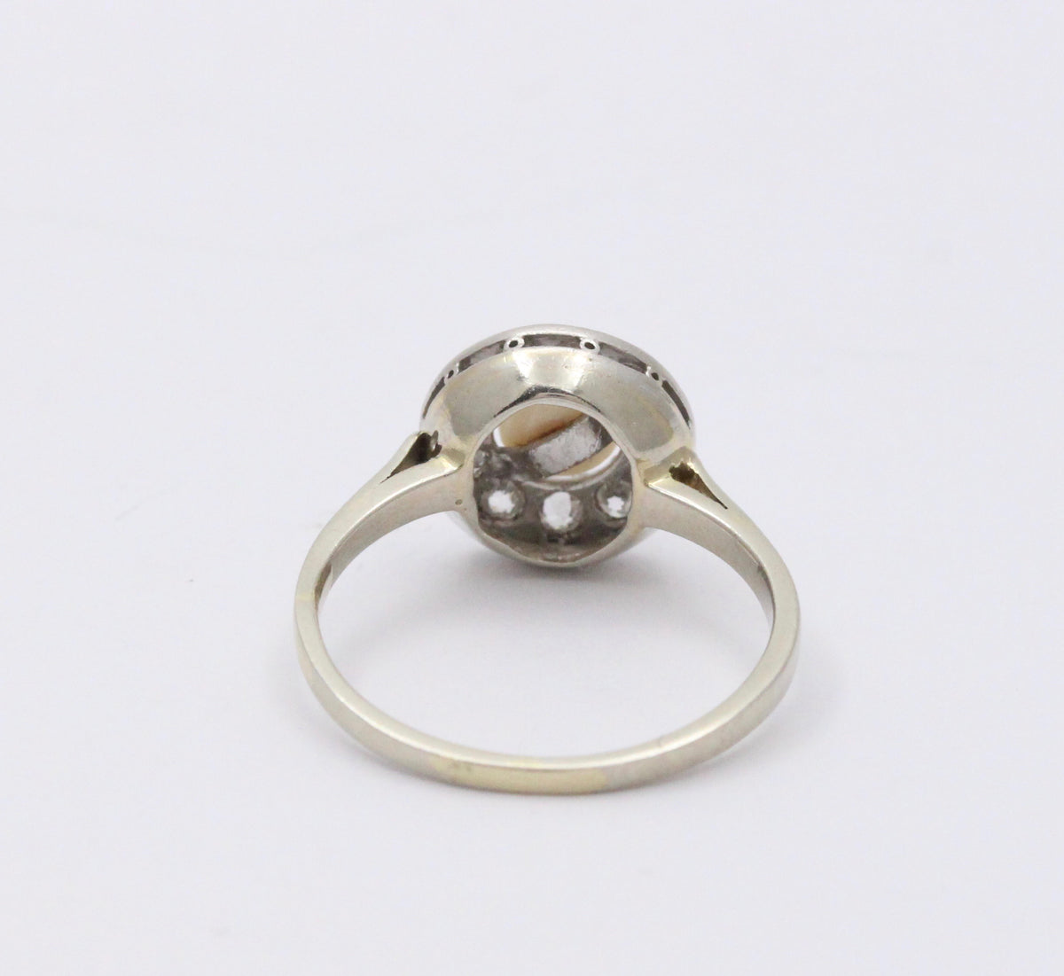 Art Deco Platinum and 14K Gold Pearl and Diamond Halo Ring