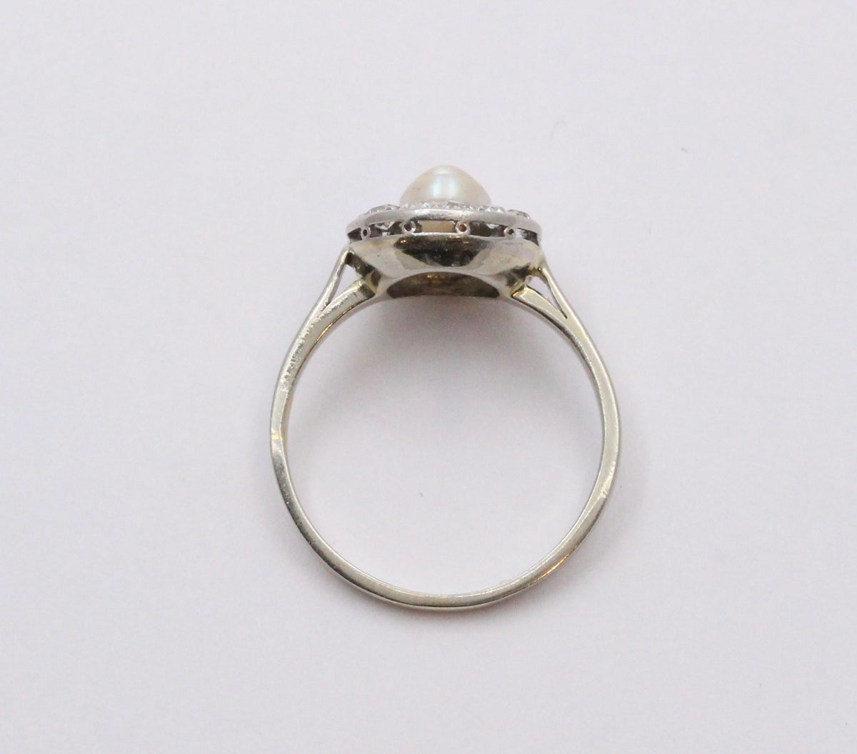 Art Deco Platinum and 14K Gold Pearl and Diamond Halo Ring