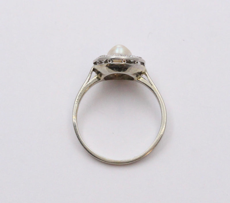 Art Deco Platinum and 14K Gold Pearl and Diamond Halo Ring