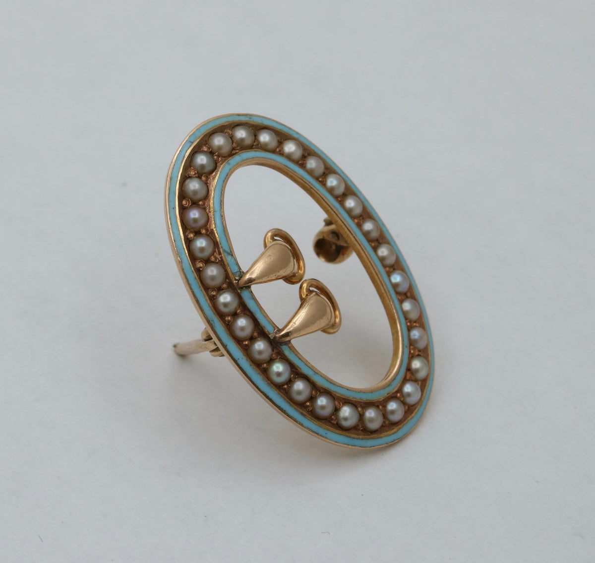 Victorian Enamel and Pearl 14K Gold Buckle Pin