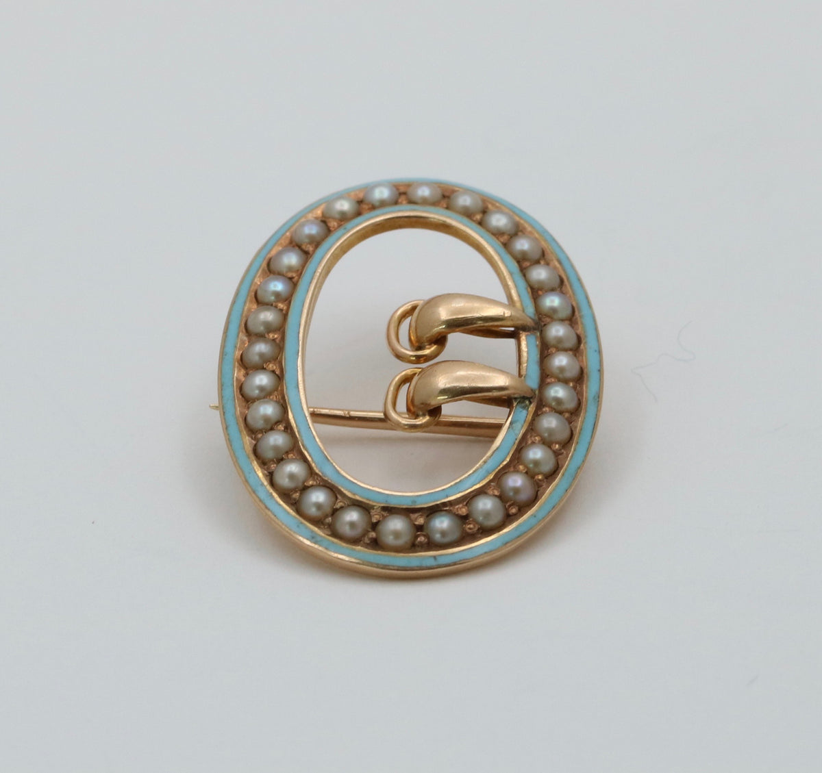Victorian Enamel and Pearl 14K Gold Buckle Pin