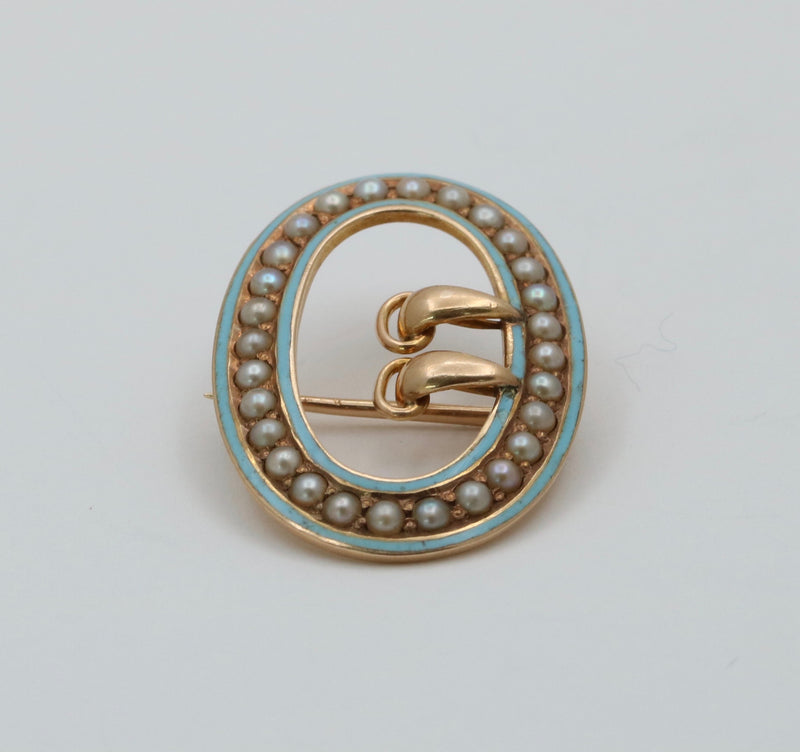 Victorian Enamel and Pearl 14K Gold Buckle Pin