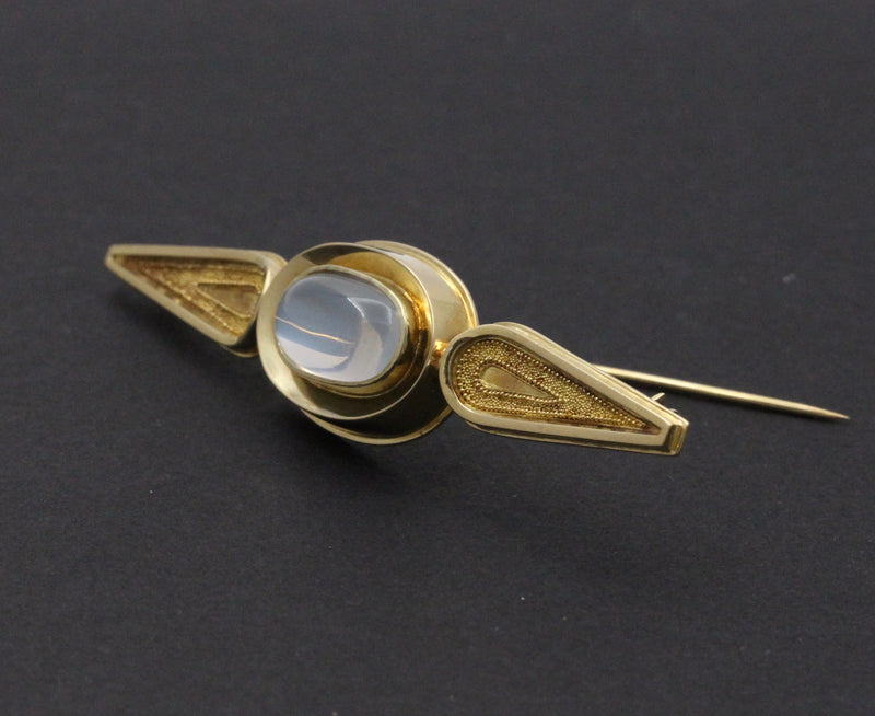 Vintage 14K Gold and Moonstone Modernist Brooch, Bar Pin