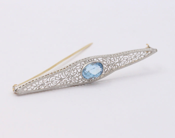 Art Deco 14K Gold and Aquamarine Filigree Bar Pin, Antique Brooch