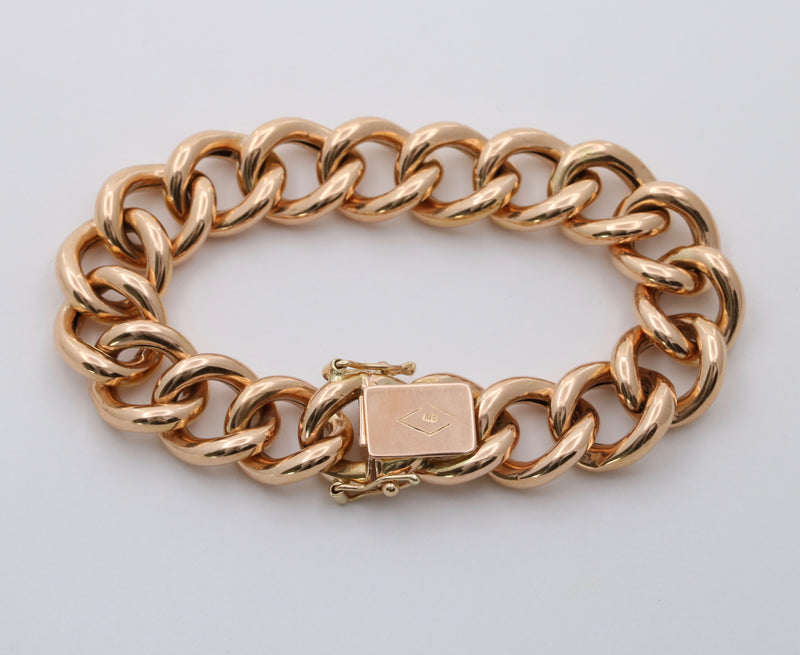 Large Vintage 18K Rose Gold Curb Link Bracelet, 7.5” Long