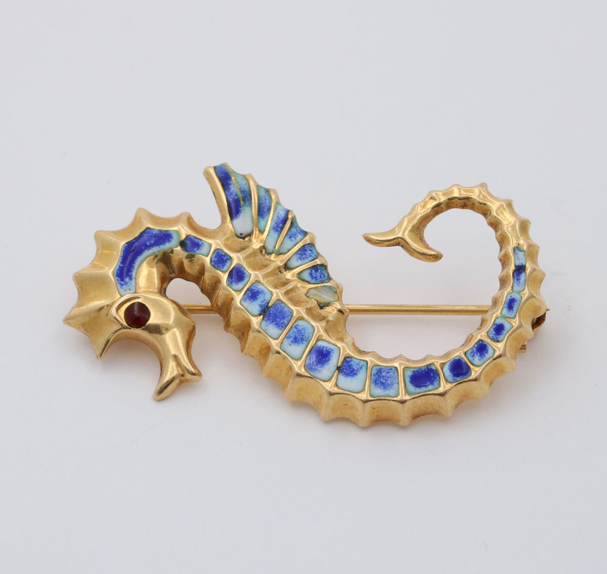 Vintage Enamel and 18K Gold Seahorse Pin