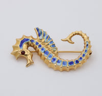 Vintage Enamel and 18K Gold Seahorse Pin