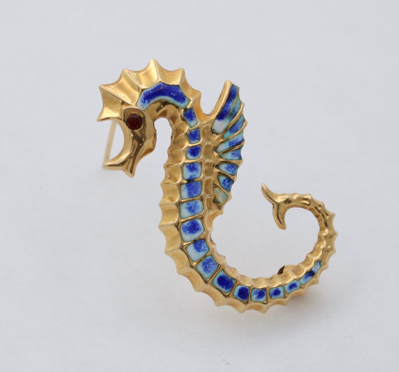 Vintage Enamel and 18K Gold Seahorse Pin