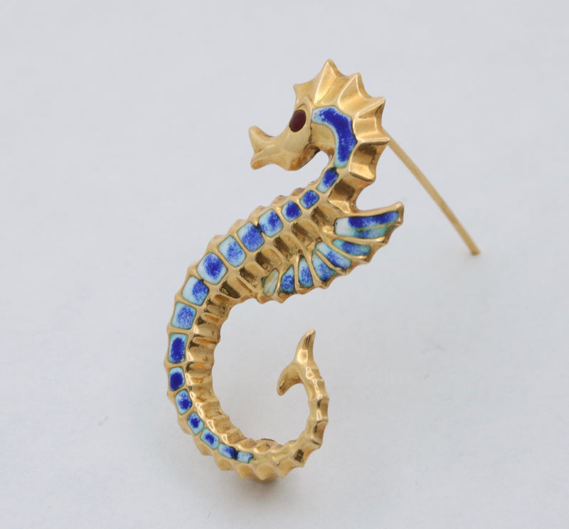 Vintage Enamel and 18K Gold Seahorse Pin