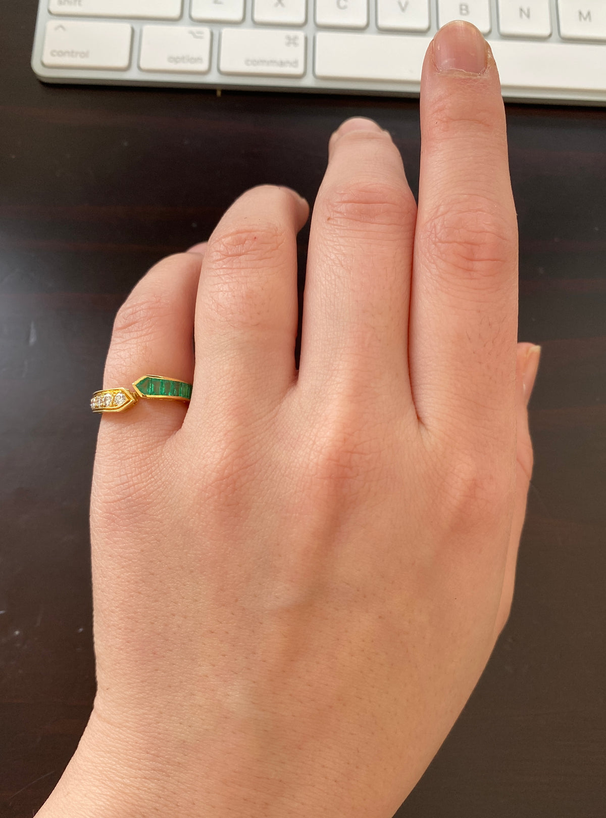 Vintage 18K Gold Diamond and Emerald Bypass Ring, Stacking Band