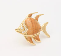 Vintage 14K Gold, Diamond, and Carved Agate Tropical Fish Pin, Brooch