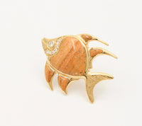 Vintage 14K Gold, Diamond, and Carved Agate Tropical Fish Pin, Brooch