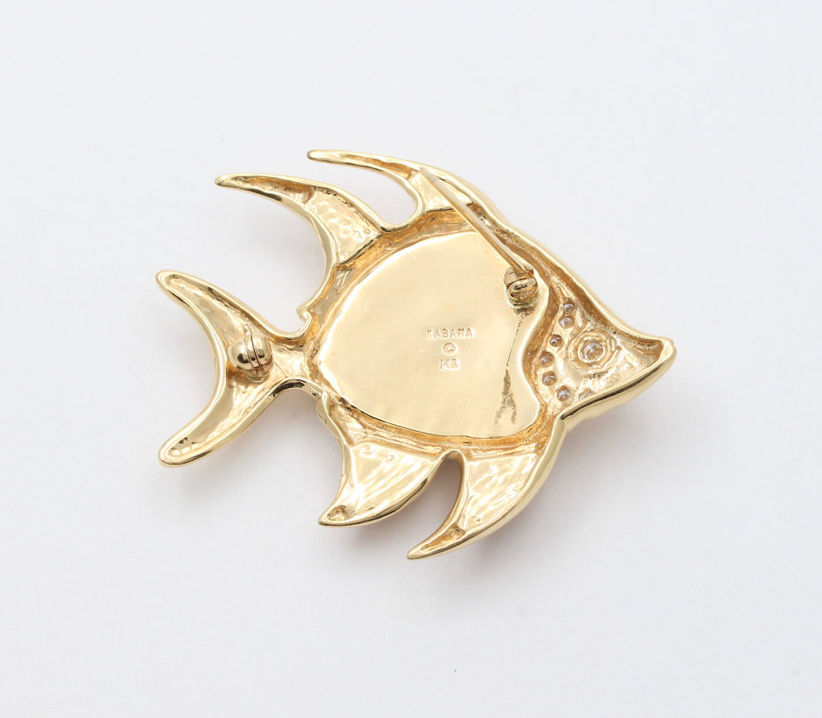 Vintage 14K Gold, Diamond, and Carved Agate Tropical Fish Pin, Brooch