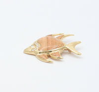 Vintage 14K Gold, Diamond, and Carved Agate Tropical Fish Pin, Brooch